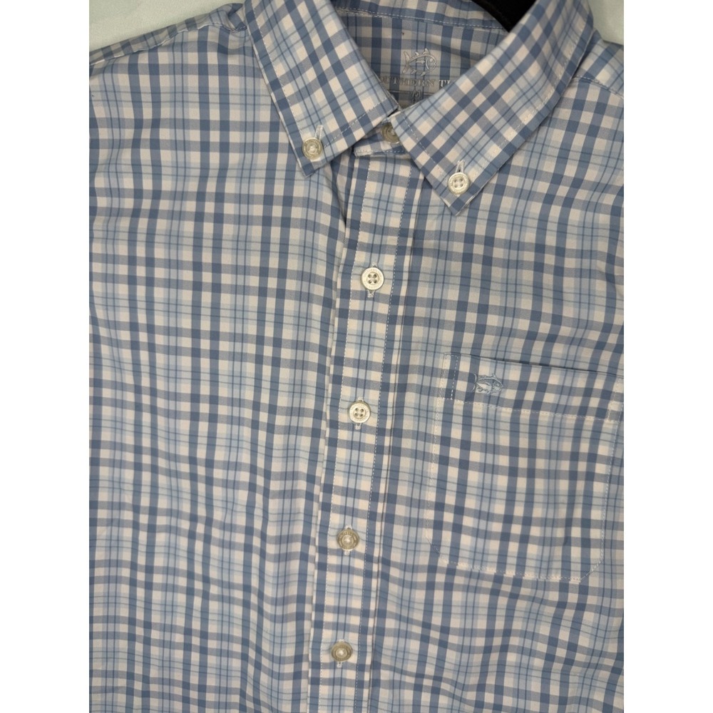 Southern Tide Boys Intercoastal sport LS blue plaid shirt sz m stretch comfort